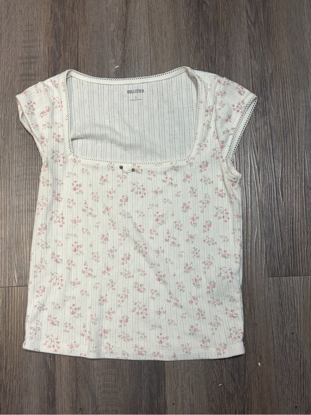 Hollister White Ribbed Square-Neck Cap Sleeve Top with Pink Floral Print